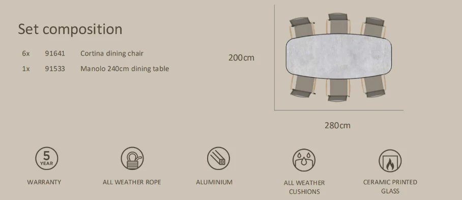 Cortina 6 Seat with Manolo 240cm Barrel Ceramic Dining Table - Image 5