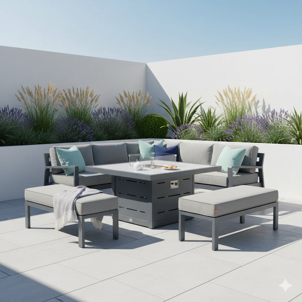 Tutbury - Fire Pit Table Corner Set Anthracite Grey - Grey Cushions - Image 5